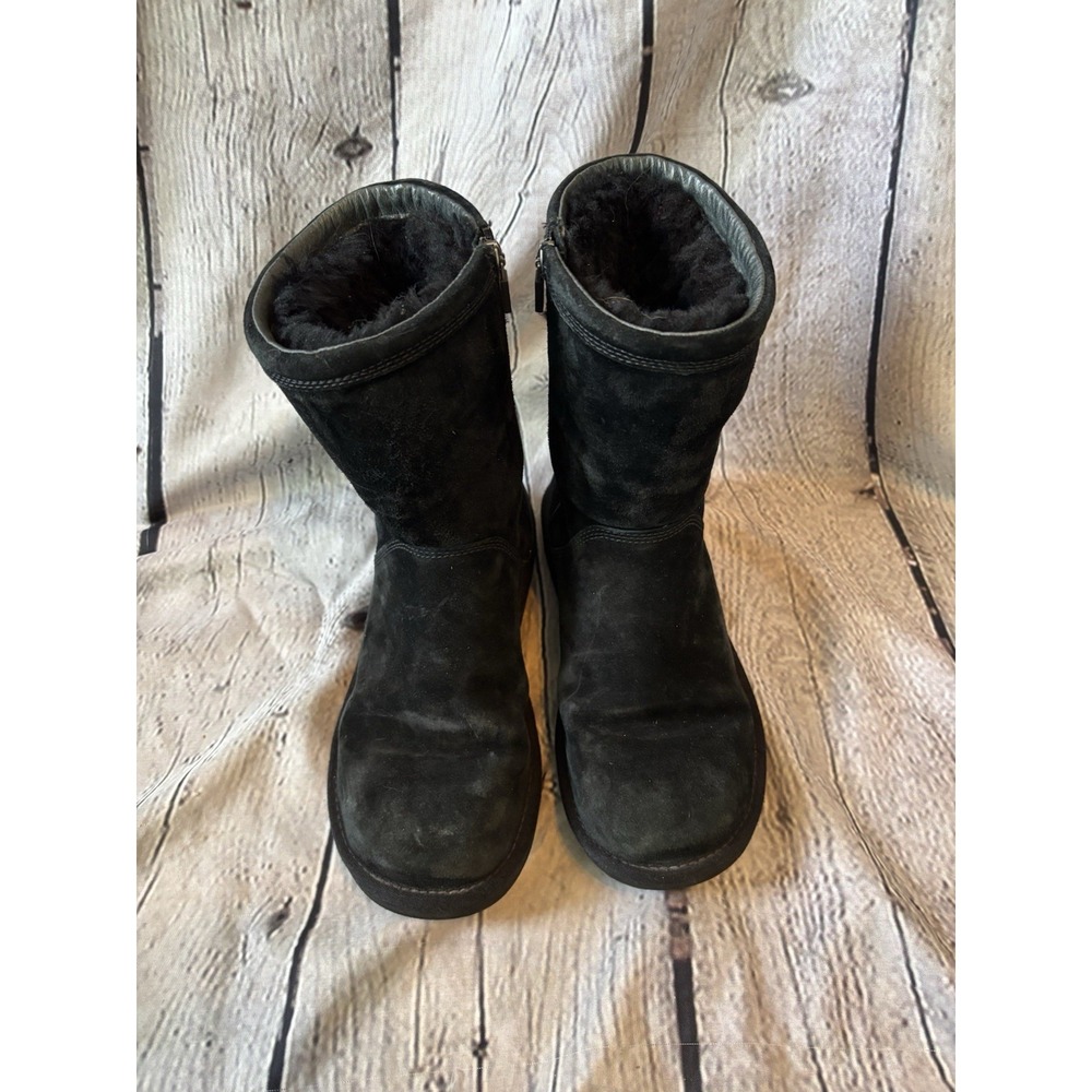 Ugg Kenly 1890 Suede Boots Black Womens Sz 7 Shearling Lined Mid Calf Side Zip